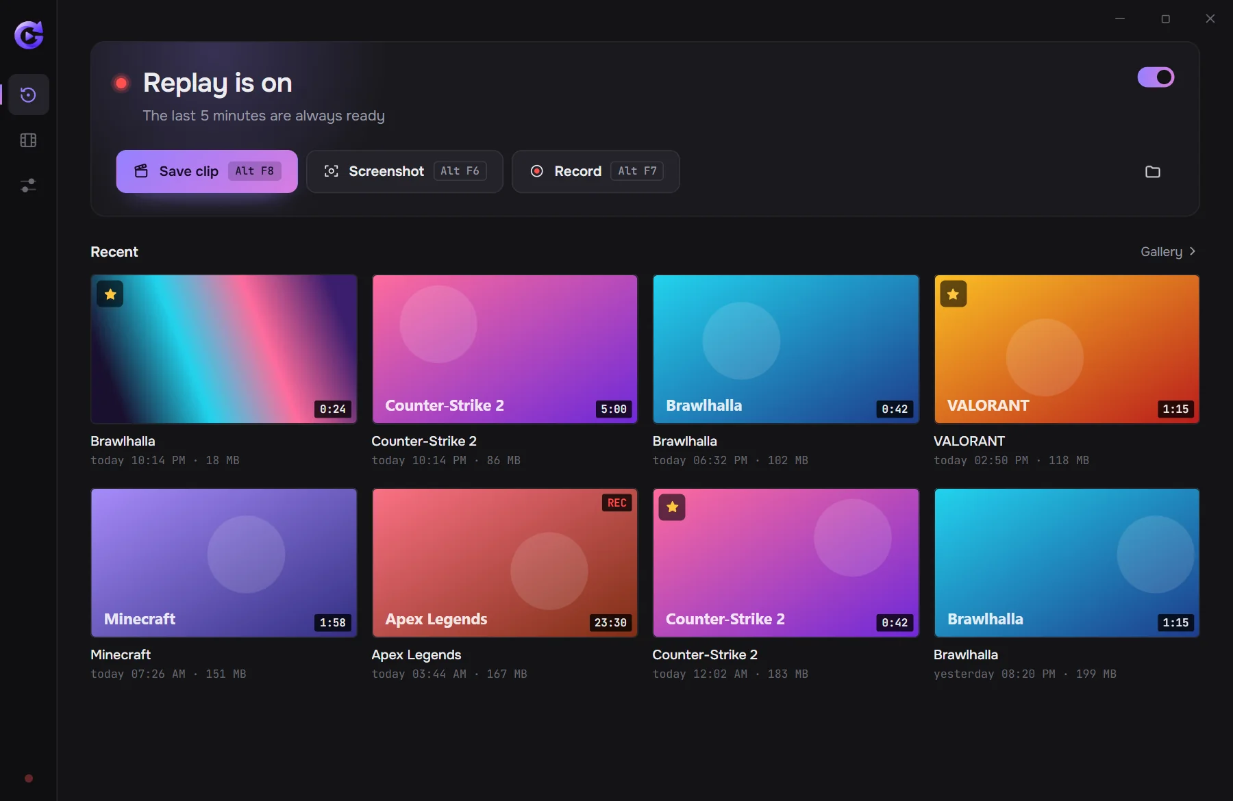 GeniusClip main window: replay is on, recent clips below