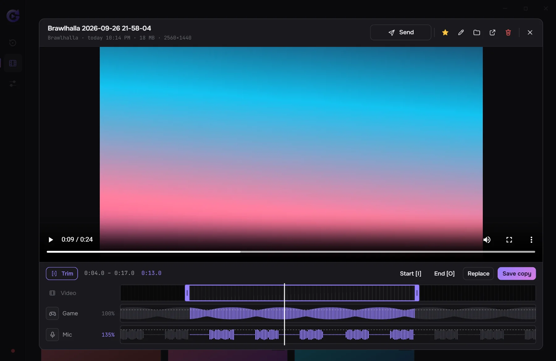 Trimming a clip: a selection on the timeline and separate game and mic volume
